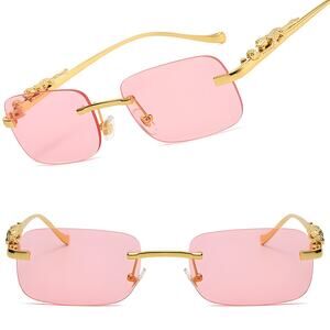 Ornate Panther Luxe Vibe Pink Lens Mens Womens Gold Rectangle Sunglasses